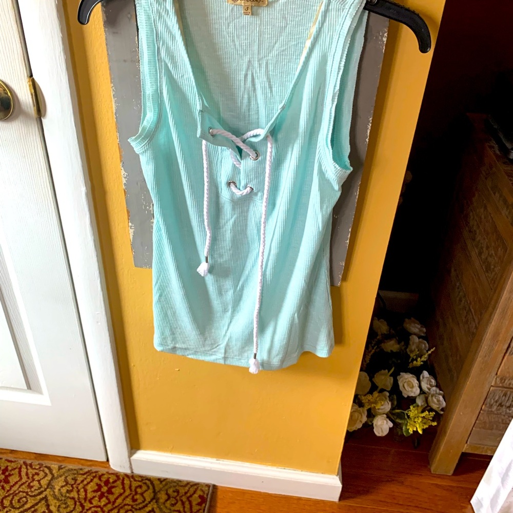 Aqua ribbed democracy front tie tank top